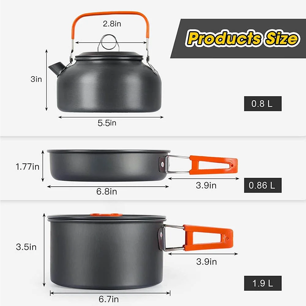 Nesting Camping Cooking Set - アウトドアキャンプ用調理セット、焦げ付き防止鍋入れ子式収納セット、1～3人用旅行食器、ピクニック用ティーポット、調理器具
