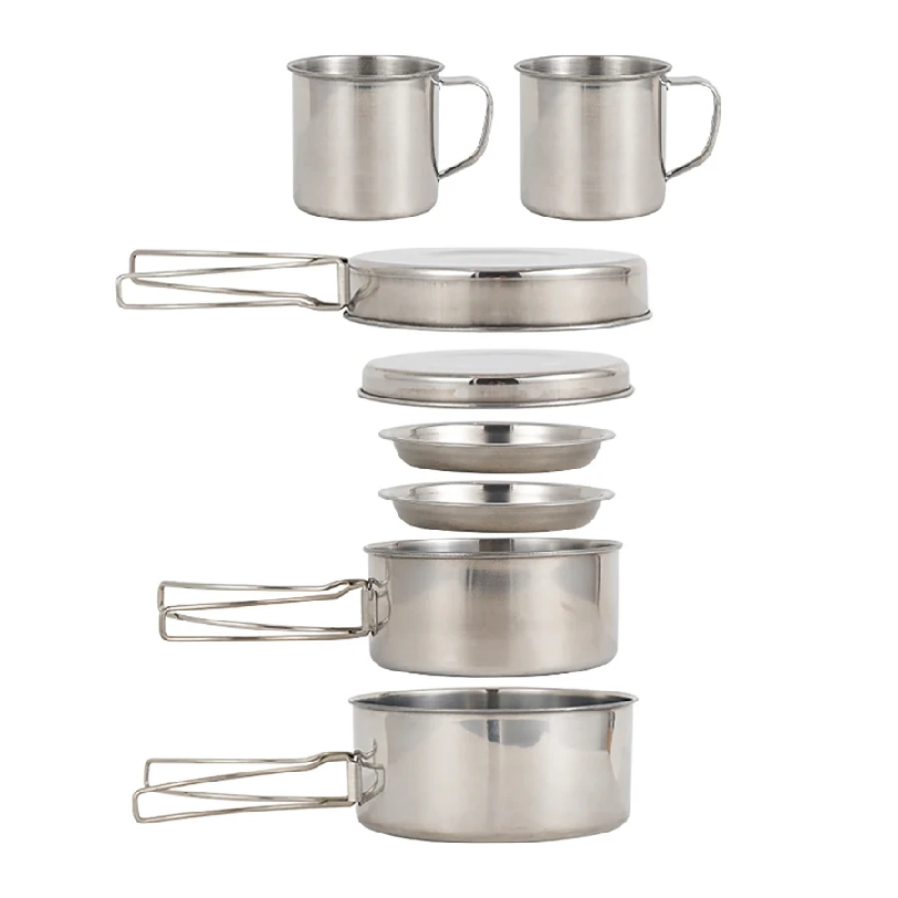 Camping Cooking Full Set - 8個/セット キャンプ調理器具セット ステンレス製調理鍋とフライパンセット プレートとカップ付き アウトドアハイキングバックパッキング用