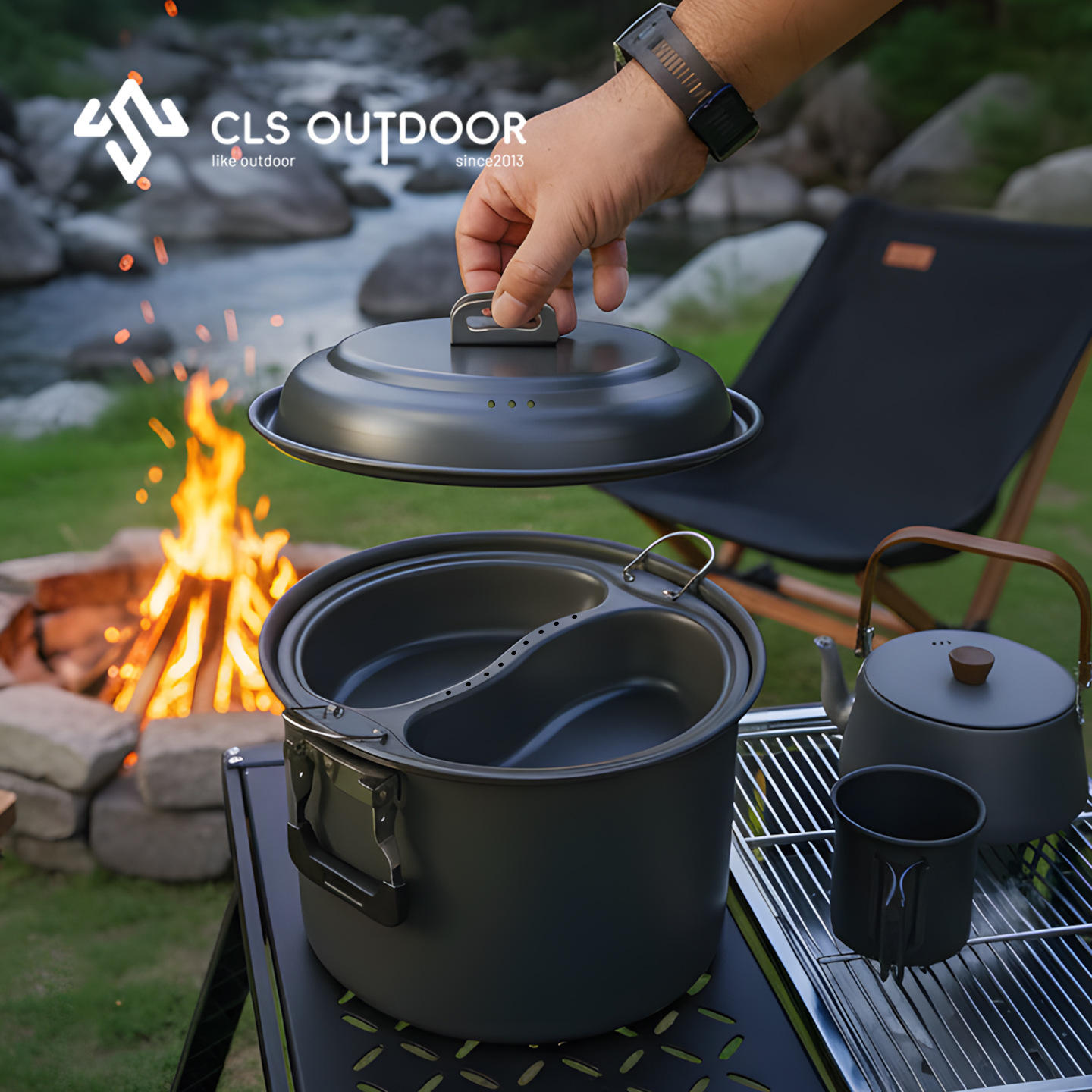 Camping Cooking Pot Large - 6.5L大容量マンダリンダック蒸し器＆調理鍋セット、屋外自走式バーベキューポータブルキャンプ家庭用スープポット