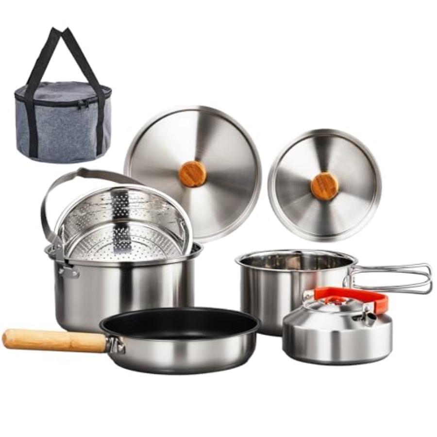 Nesting Camping Cooking Set - キャンプ用調理器具セット、軽量ステンレス製ネスティング式調理器具セット、キャリーバッグ付き、4～6人用キャンプファイヤー調理、キャンプキット