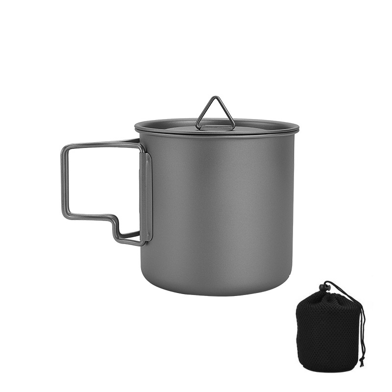 Camping Cooking Utensils Kit - チタン製キャンプマグ 折りたたみハンドル付き 軽量ポータブルアウトドアカップ クッキングセット ハイキング旅行用調理器具