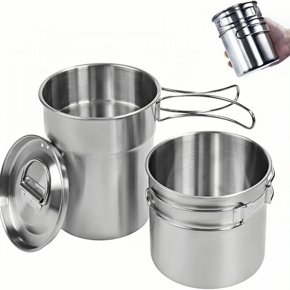 Camping Cooking Survival - 折りたたみ式キャンプカップマグカップキャンプポット調理器具304食品グレード屋外キャンプクッキングセット（通気蓋付き、ステンレス鋼バックパック）