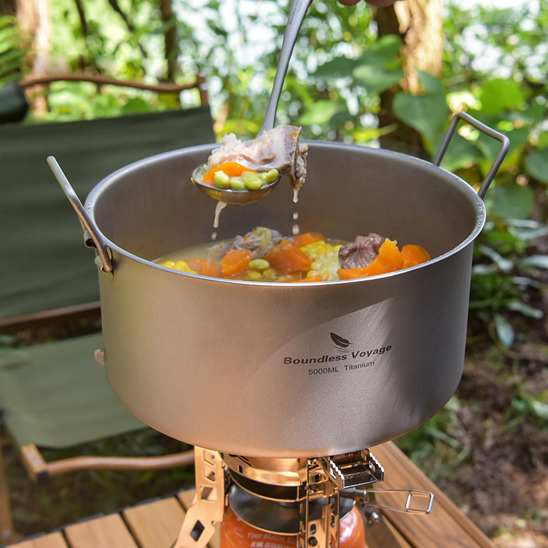 Camping Cooking Pot Large - 寝袋のない方-ポータブルチタンポット、大容量、屋外、ハイキング、ピクニック、キャンプ、調理器具、スープ、家庭用キッチン用鍋、5.0l