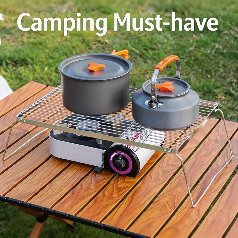 Camping Cooking Survival - ポータブル折りたたみ式ステンレスキャンプファイヤースタンド – ハイキング、キャンプ、バーベキューグリル、鍋やフライパンの支え、グリッドラックに最適な軽量設計