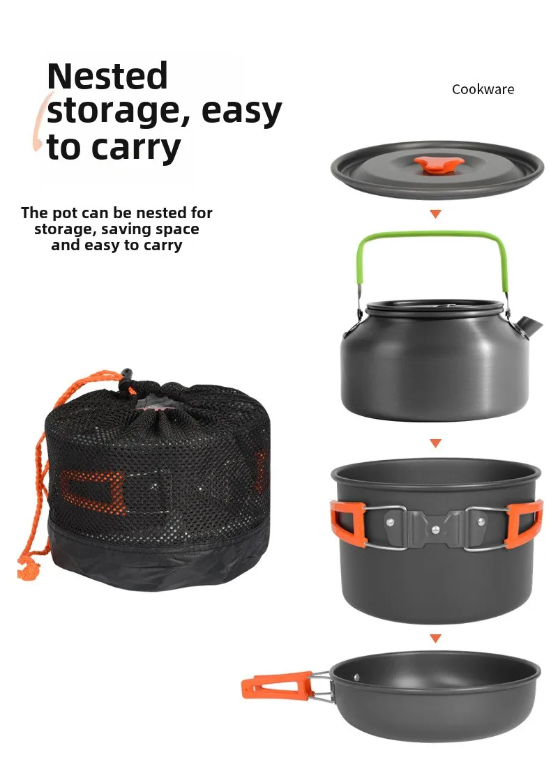 Nesting Camping Cooking Set - DS-308 アウトドア大容量調理キット、入れ子式で持ち運びに便利な調理器具セット、キャンプ、ハイキング、観光に最適