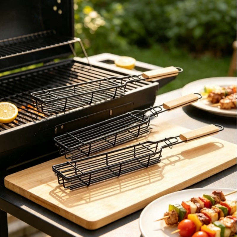 Nesting Camping Cooking Set - 2/3個入りグリルバスケット ステンレス製グリルバスケット 木製ハンドル付き、入れ子式BBQツール アウトドアクッキング キャンプ用