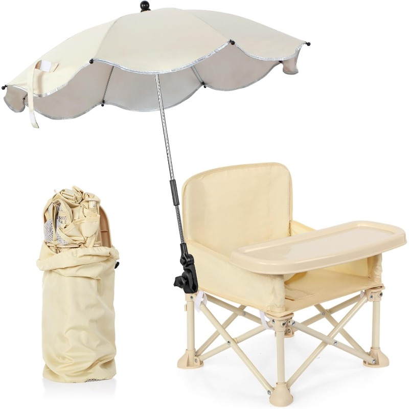 Camping Cooking Table Foldable - ベビー用屋外ビーチチェア、傘付き背もたれポケット、シートベルト、折りたたみ式幼児用食事椅子、ダイニングテーブル、キャンプ、食事用