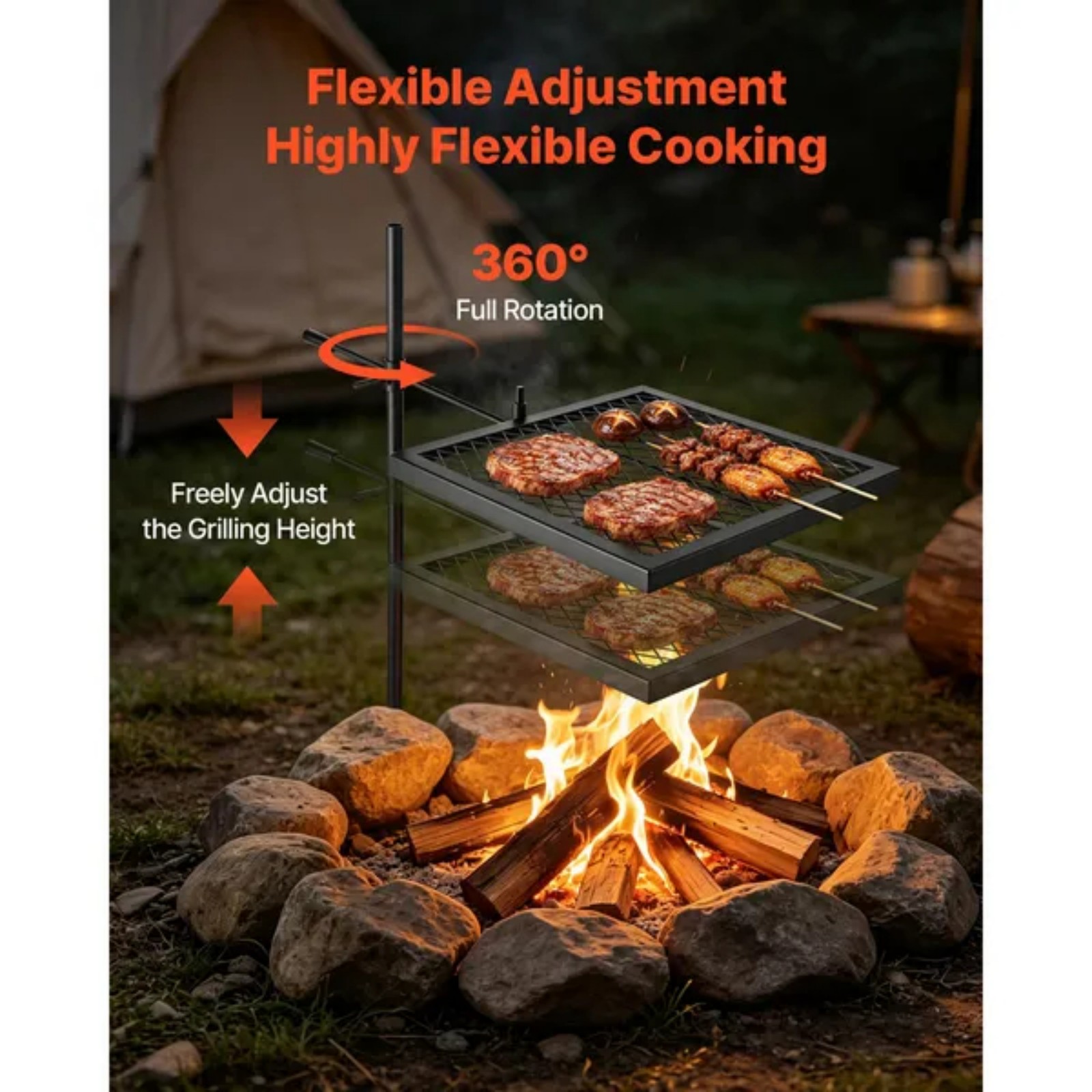 Camping Cooking Over Fire - 頑丈な回転式キャンプファイヤーグリル、16インチポータブルキャンプグリルグレート、頑丈なスチールBBQメッシュ、360度回転 ° 高さ調節可能な焚き火台用具、キャリーバッグ付き、屋外直火調理用、ブラック