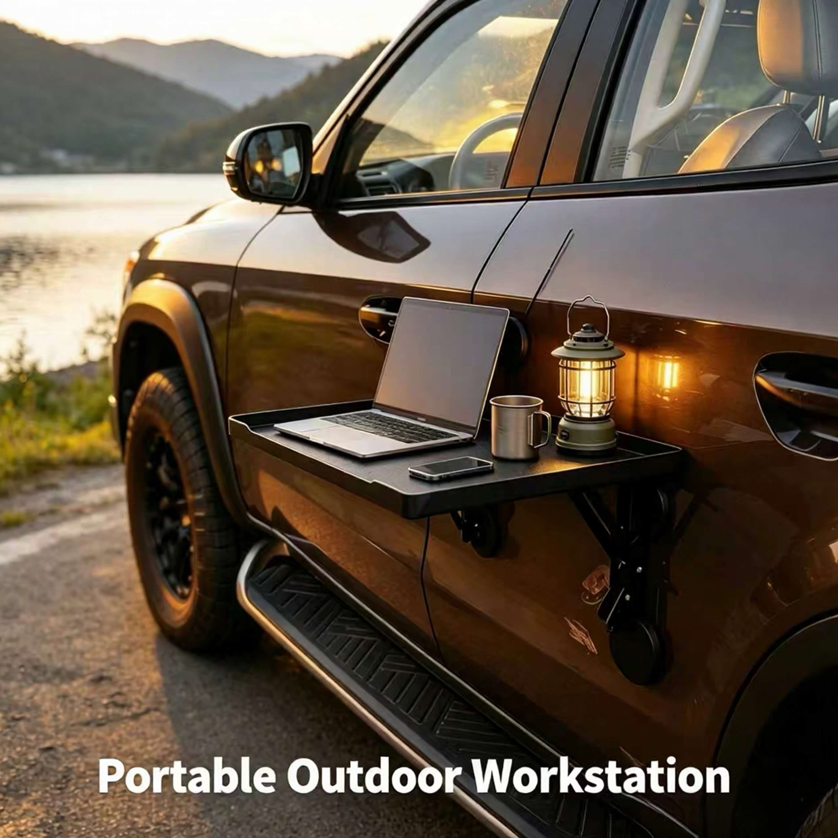Camping Cooking Table Foldable - 磁気式折りたたみ車載サイドテーブル ポータブルSUVトラックドアマウント キャンプトレイ アウトドアピクニック折りたたみ式カーデスク