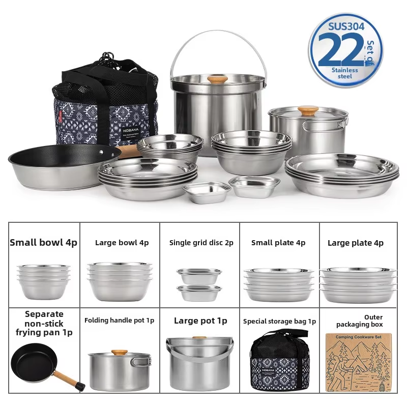 Camping Cooking Full Set - NOBANA 最新の屋外ステンレス鋼ポットセットキャンプファミリーポットセット 5L ポータブルピクニックスープポット揚げ蒸し家庭用ポット