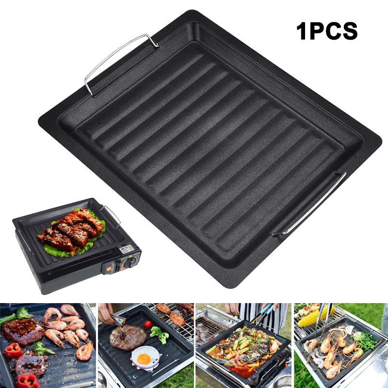 Camping Cooking Survival - 屋外用厚い四角グリルパン 2つのハンドル付き ポータブルノンスティックグリルパン ベーキングトレイ 外出用 バーベキュー