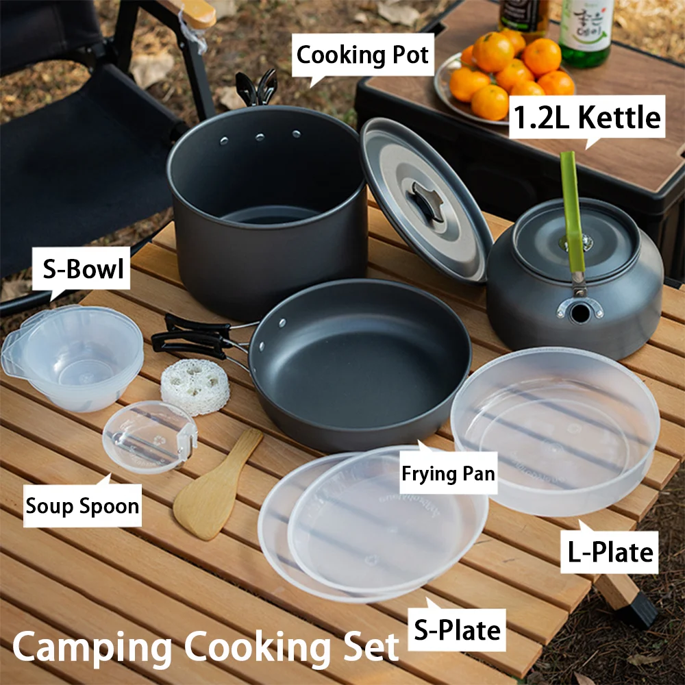Nesting Camping Cooking Set - 大容量ノンスティックキャンプクッキングキット（3～4人用）ポータブルネストクックウェアセットアウトドアキッチン用品