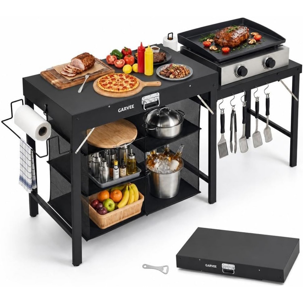 Camping Cooking Table Foldable - 折りたたみ式メタルグリルテーブル（サイドエクステンションと収納付き）、キャンプやパティオでの調理に最適なポータブル屋外BBQカート