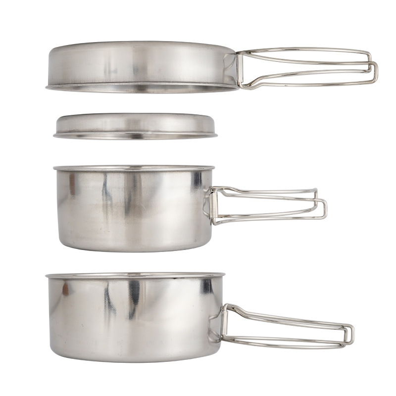 Nesting Camping Cooking Set - CLS 4ピースステンレス製キャンプ調理器具セット ポータブルネスティングデザイン ポットボウル食器 ハイキングピクニックアウトドアクッキング用