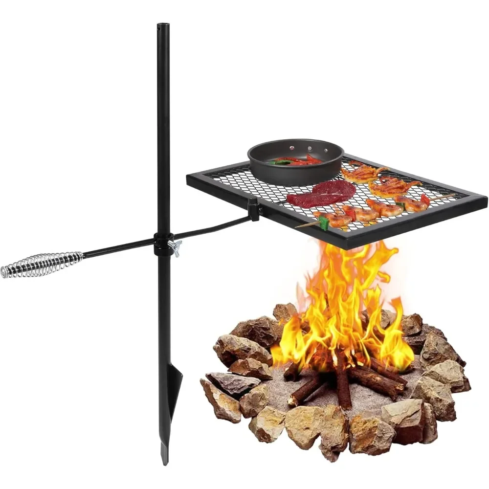 Camping Cooking Over Fire - 回転式キャンプファイヤーグリル、頑丈なスチール製火格子、キャリーバッグ付きオーバーファイアーキャンプグリル、屋外直火調理用