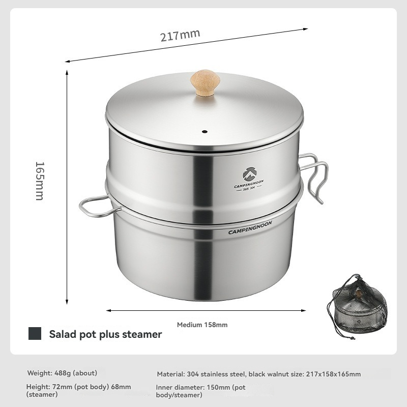 Camping Cooking Snow - S371-C1 キャンプ用スノーローラーボウルポット、蒸し引き出し付き、304ステンレス鋼製、蒸し・煮込み多機能アウトドア調理器具