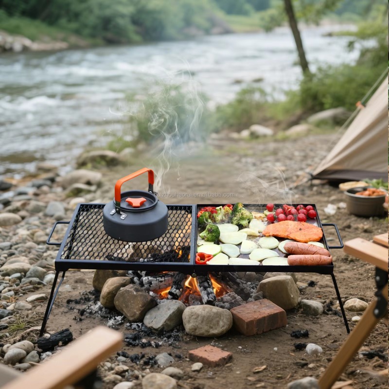 Camping Cooking Over Fire - ポルアウトドアキャンプ用調理グリル、焚き火台用折りたたみ式キャンプファイヤーバーベキューグリル