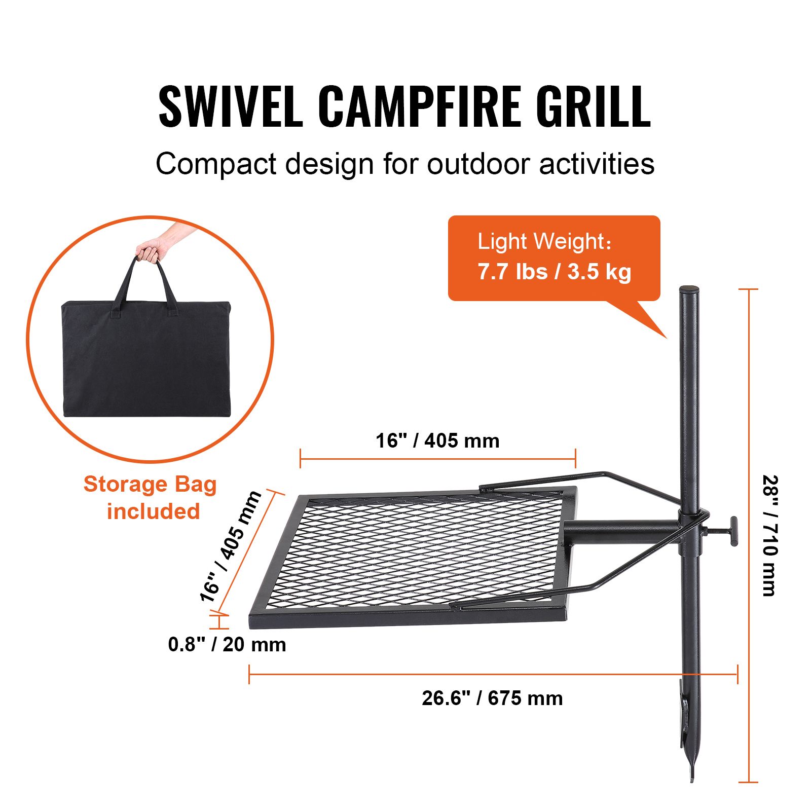 Camping Cooking Over Fire - 回転式キャンプファイヤーグリル、焚き火台用グリル網、頑丈なスチールグリル網、360度回転 ° 調節可能なオープンファイヤー屋外調理器具、キャンプ用ポータブル焚き火台（屋外BBQ用）