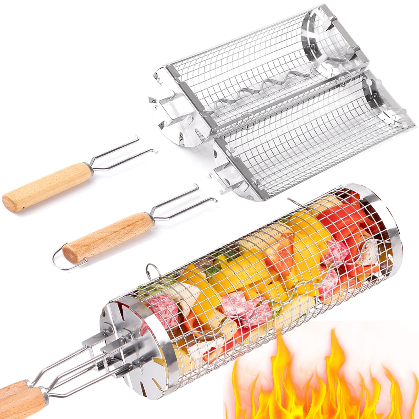 Camping Cooking Basket - BUYYES ローリンググリルバスケット BBQ メッシュチューブ取り外し可能な木製ハンドルステンレス鋼ラウンドメッシュケージ屋外キャンプ調理ツール