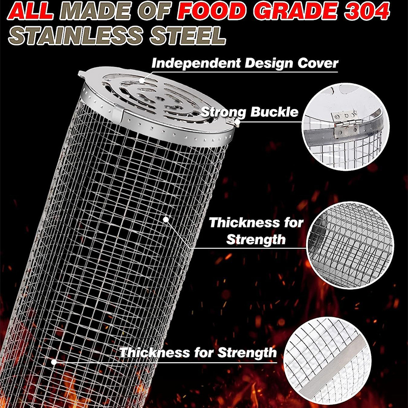 バーベキューバスケットステンレス鋼ローリンググリルバスケット - Camping Cooking Basket のレビューと価格
