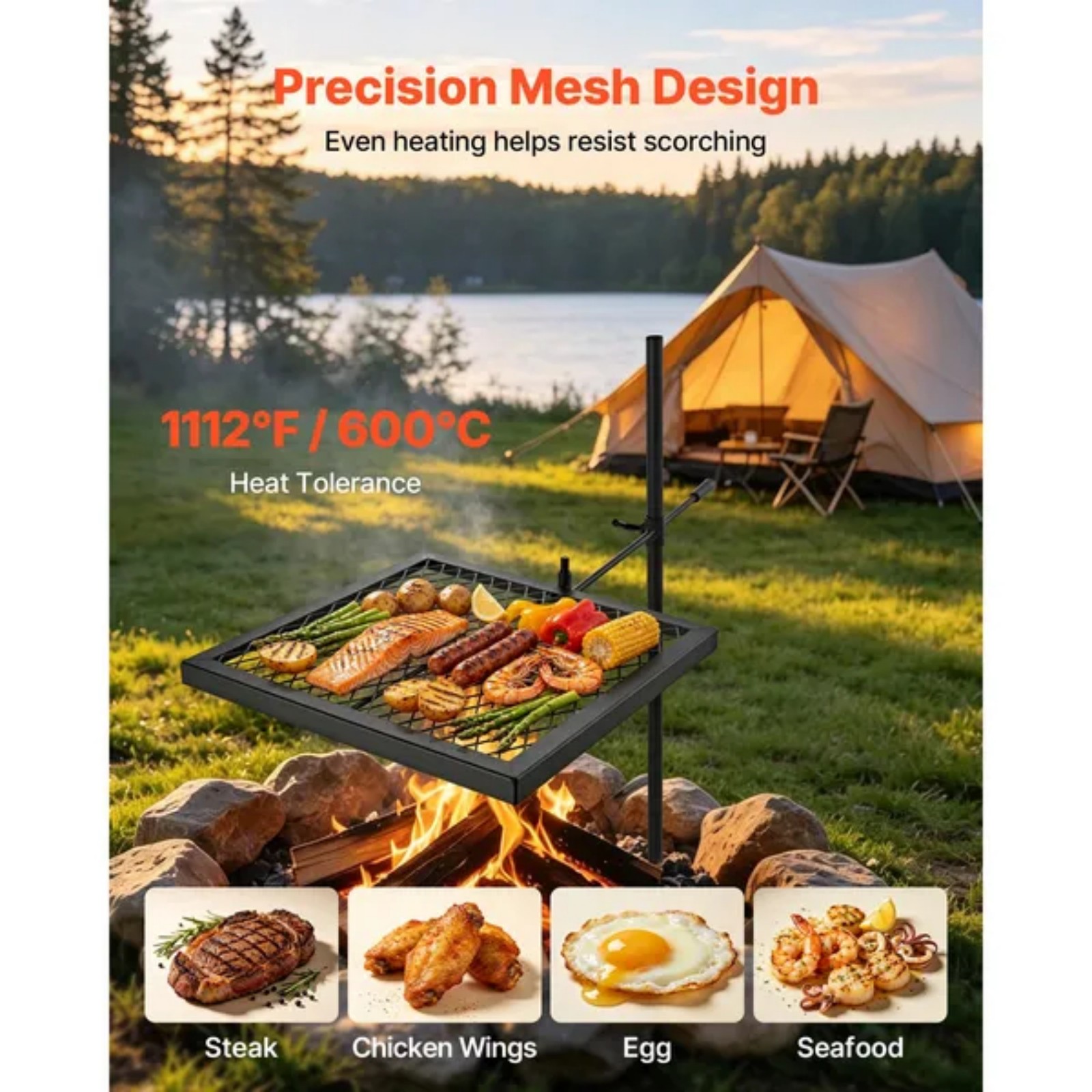 頑丈な回転式キャンプファイヤーグリル、16インチポータブルキ - Camping Cooking Over Fire のレビューと価格