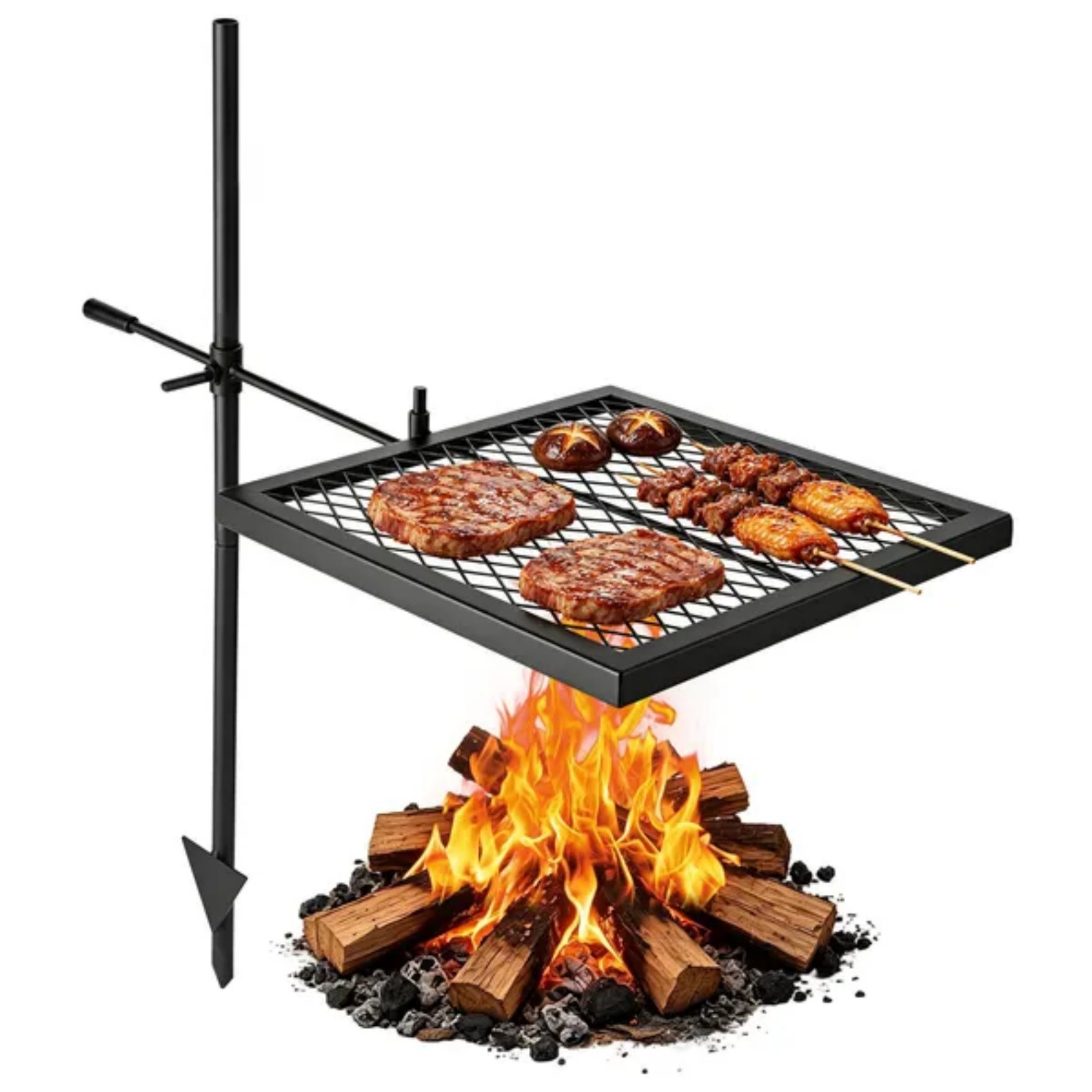 頑丈な回転式キャンプファイヤーグリル、16インチポータブルキ - Camping Cooking Over Fire のレビューと価格
